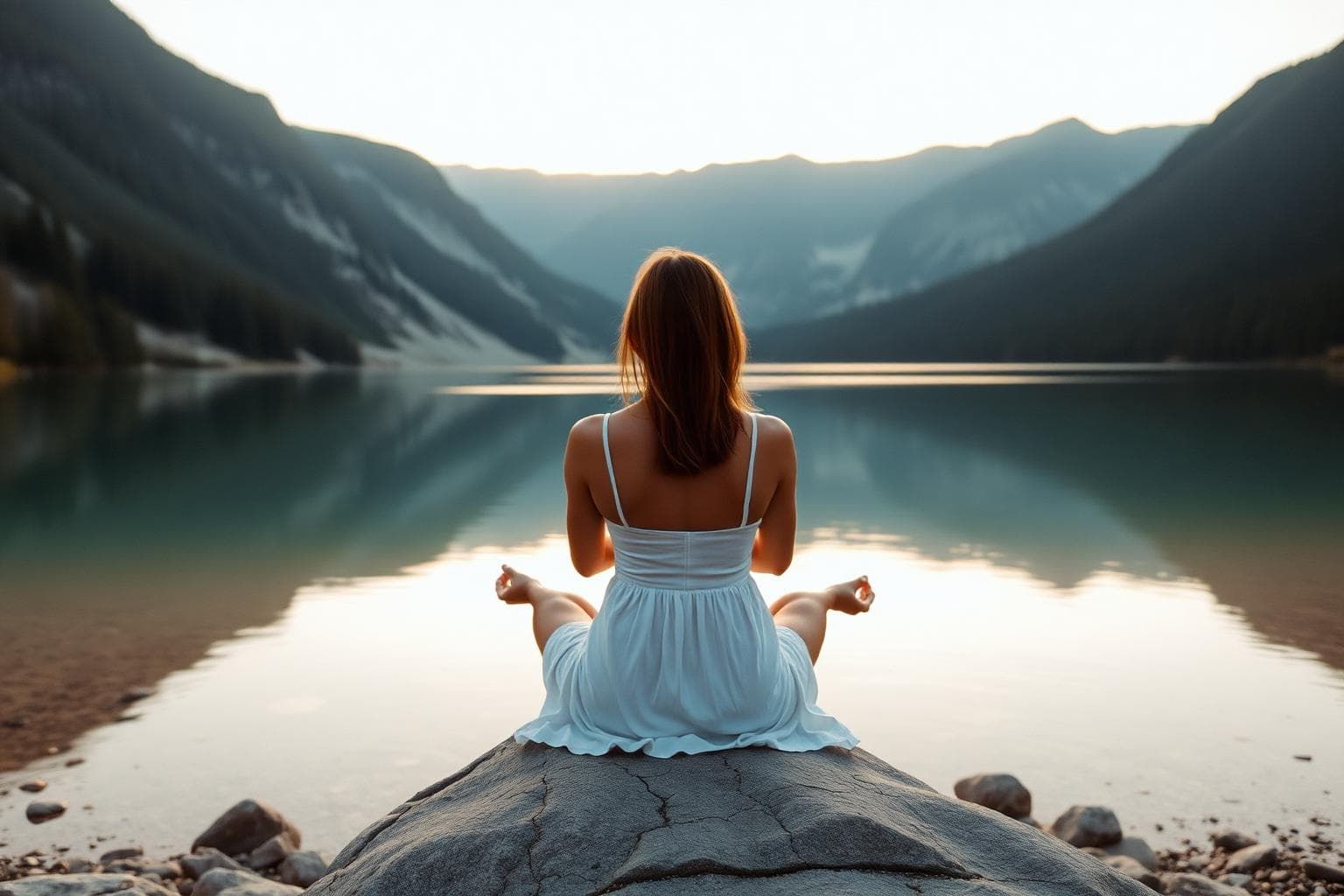 Meditation by mountain lake